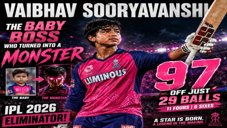 15-year-old Vaibhav Sooryavanshi powerfully hitting a six during Rajasthan Royals' IPL 2026 Eliminator victory over Sunrisers Hyderabad at Mullanpur Stadium, New Chandigarh.