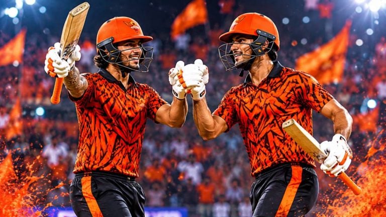 Eshan Malinga celebrates crucial wicket with Abhishek Sharma fielding support for Sunrisers Hyderabad in IPL 2026 action