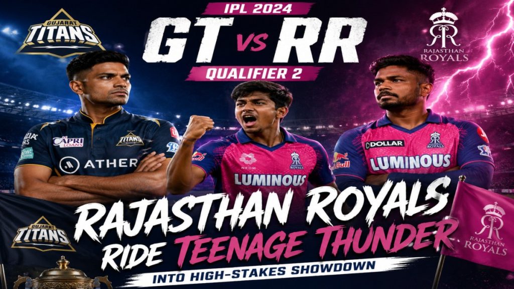 High-energy preview graphic for IPL 2026 Qualifier 2 featuring Shubman Gill and Vaibhav Sooryavanshi at Mullanpur stadium with GT blue and RR pink themes, floodlights, and winner-to-final text.