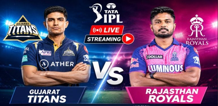 Shubman Gill batting for Gujarat Titans against Rajasthan Royals during IPL 2026 match at packed stadium