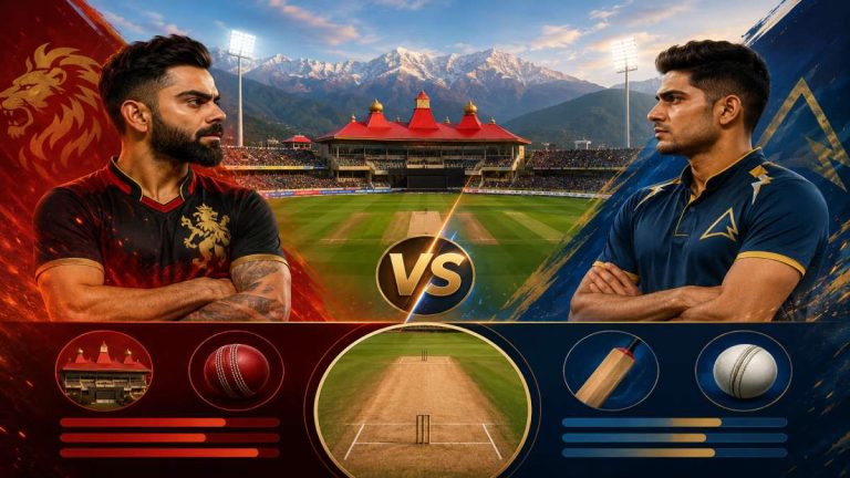 HPCA Stadium Dharamshala hosting RCB vs GT IPL 2026 Qualifier 1 with Himalayan mountains backdrop