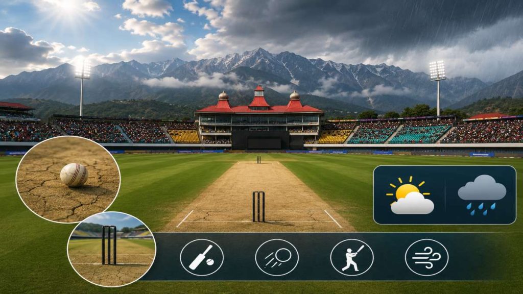 Dharamshala pitch report and scenic view of HPCA Stadium for RCB vs GT IPL 2026 Qualifier 1 with Dhauladhar mountains