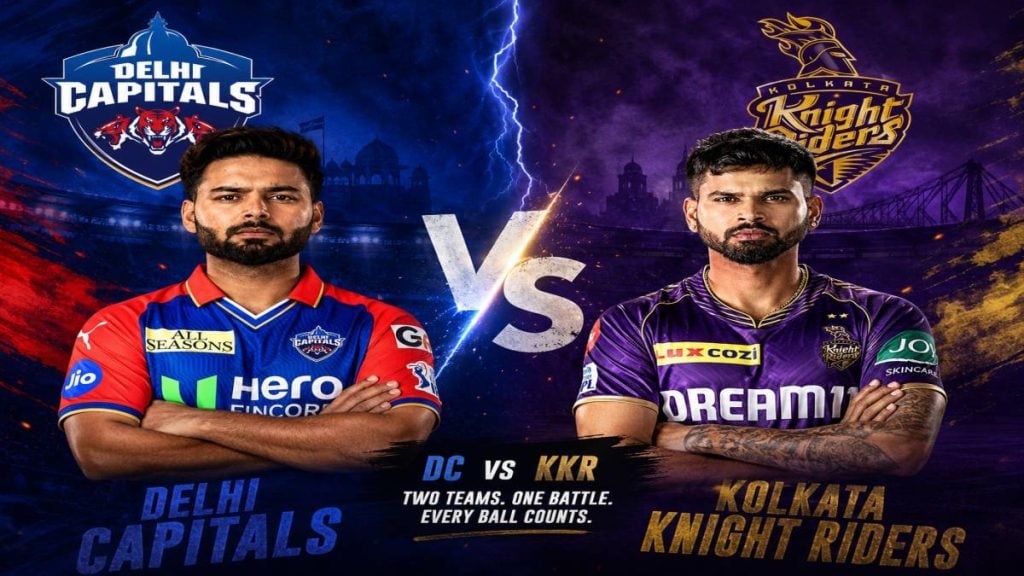 Professional live sports graphic of Kolkata Knight Riders vs Delhi Capitals IPL 2026 toss at Eden Gardens showing KKR electing to bowl first, DC at 0/0, and live win probability KKR 57% DC 43% with packed stadium and captains shaking hands