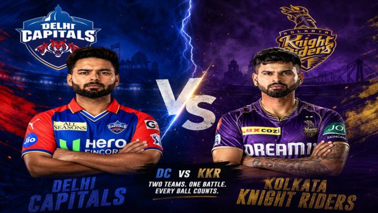 Professional live sports graphic of Kolkata Knight Riders vs Delhi Capitals IPL 2026 toss at Eden Gardens showing KKR electing to bowl first, DC at 0/0, and live win probability KKR 57% DC 43% with packed stadium and captains shaking hands