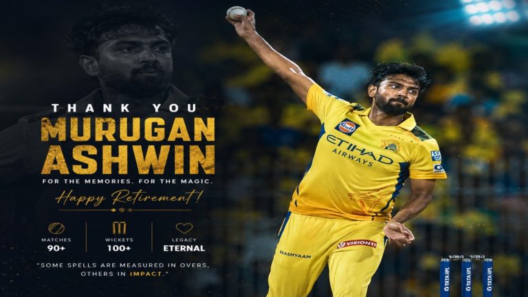 Murugan Ashwin bowling in intense IPL action with dramatic stadium lights and subtle retirement tribute overlay text