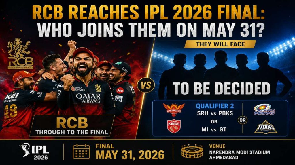 Official IPL 2026 promotional graphic featuring Virat Kohli in RCB kit standing beside the Tata IPL trophy with a black silhouette marked by a large white question mark on the right, set against a packed cricket stadium at dusk with mountains in the background. Bold white text at the top