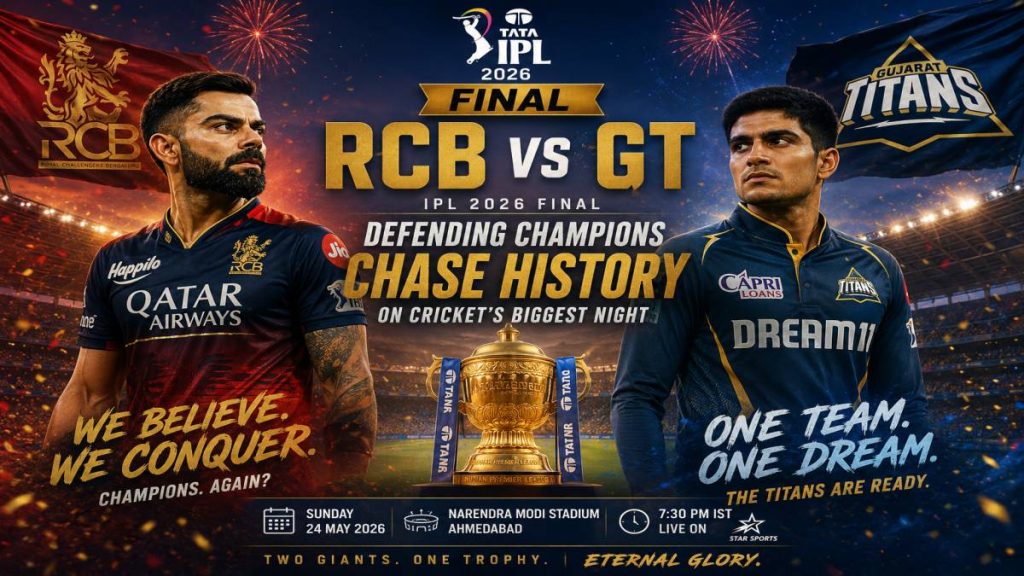 Packed Narendra Modi Stadium under floodlights during RCB vs GT IPL 2026 Final, fans in team colors roaring as Virat Kohli strides out to bat