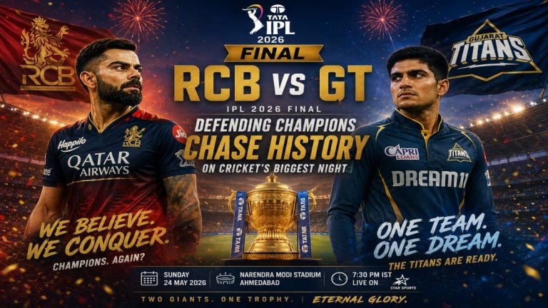 Packed Narendra Modi Stadium under floodlights during RCB vs GT IPL 2026 Final, fans in team colors roaring as Virat Kohli strides out to bat