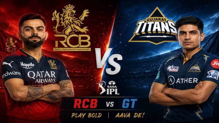 Epic clash preview showing Virat Kohli of RCB and Shubman Gill of GT at HPCA Stadium with Himalayan mountains, IPL 2026 Qualifier 1 graphic