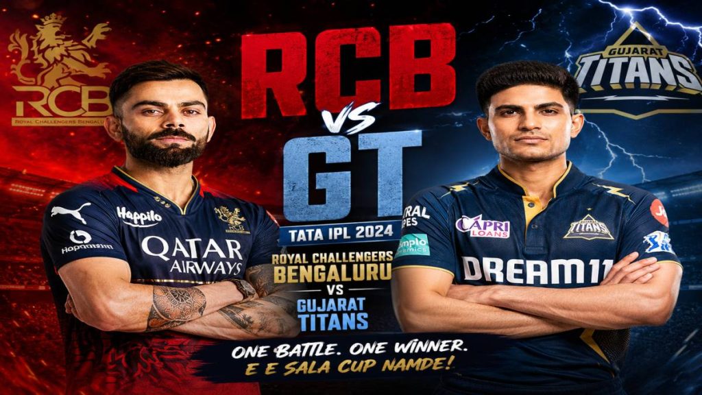 Royal Challengers Bengaluru and Gujarat Titans clash in IPL 2026 Qualifier 1 at scenic Dharamsala stadium with Himalayan mountains backdrop