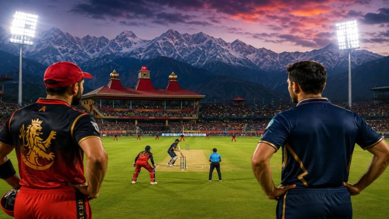 Dharamshala HPCA Stadium floodlit pitch with Himalayan peaks for RCB vs GT IPL 2026 Qualifier 1
