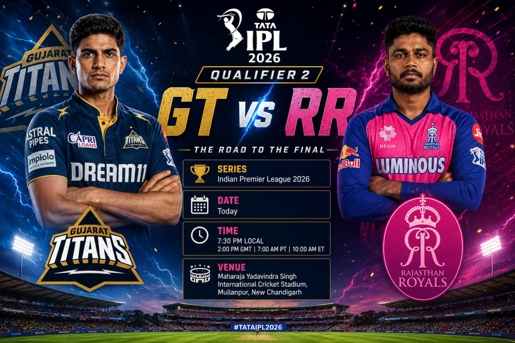 Vaibhav Sooryavanshi smashes a six in dramatic night graphic for Rajasthan Royals vs Gujarat Titans Qualifier 2 at Mullanpur stadium, May 29 2026