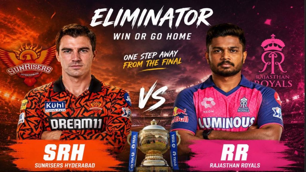 Sunrisers Hyderabad and Rajasthan Royals players clash in high-stakes IPL 2026 Eliminator at New Chandigarh under floodlights