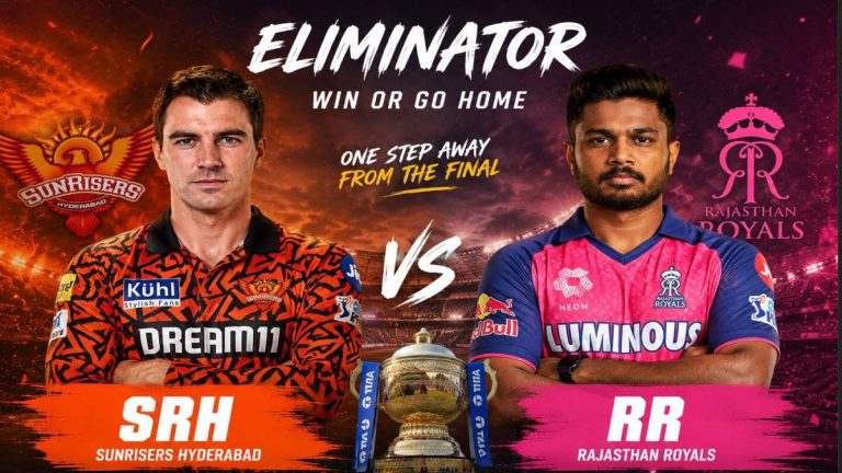 Sunrisers Hyderabad and Rajasthan Royals players clash in high-stakes IPL 2026 Eliminator at New Chandigarh under floodlights