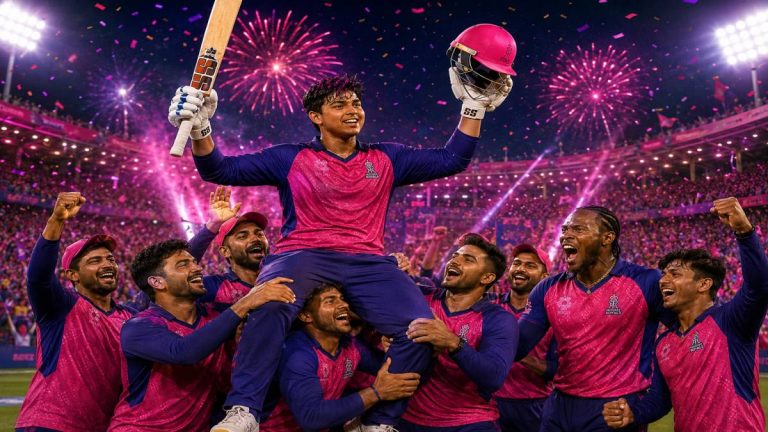 Vaibhav Sooryavanshi unleashes a powerful six during his 97 off 29 balls for Rajasthan Royals in the IPL 2026 Eliminator vs Sunrisers Hyderabad