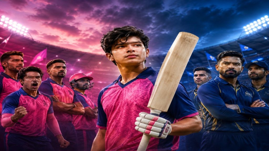 High-stakes IPL 2026 Qualifier 2 graphic showing Shubman Gill batting against Jofra Archer with Vaibhav Sooryavanshi celebrating a six at Mullanpur Stadium under floodlights and roaring crowd
