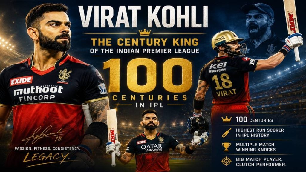Virat Kohli celebrates his record ninth IPL century with arms raised after an unbeaten 105 against Kolkata Knight Riders in Raipur, IPL 2026