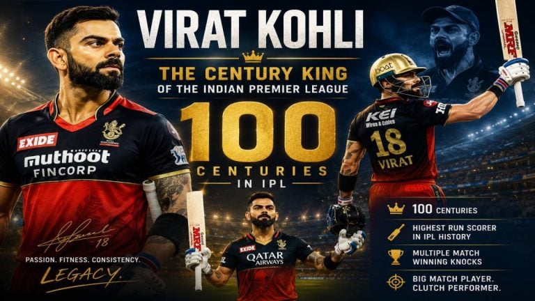 Virat Kohli celebrates his record ninth IPL century with arms raised after an unbeaten 105 against Kolkata Knight Riders in Raipur, IPL 2026