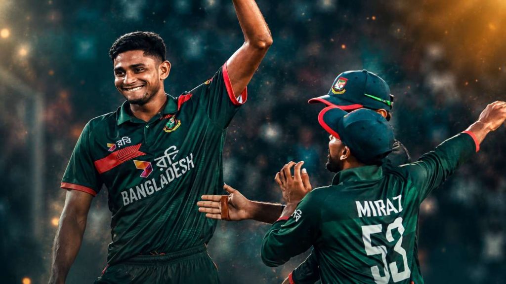 Bangladesh cricket team in green jerseys huddled on the pitch at Chattogram stadium with national flag flying and vibrant crowd, capturing the spirit of the 2026 T20I squad announcement against Australia.