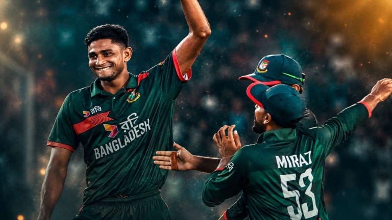 Bangladesh cricket team in green jerseys huddled on the pitch at Chattogram stadium with national flag flying and vibrant crowd, capturing the spirit of the 2026 T20I squad announcement against Australia.