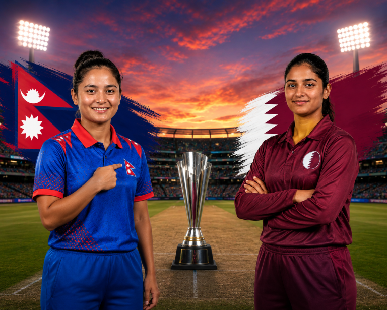Nepal Women team celebrates winning the toss and electing to bowl first against Qatar Women in ACC Women's T20I Premier Cup 2026 at Kolej Tuanku Ja'afar Oval