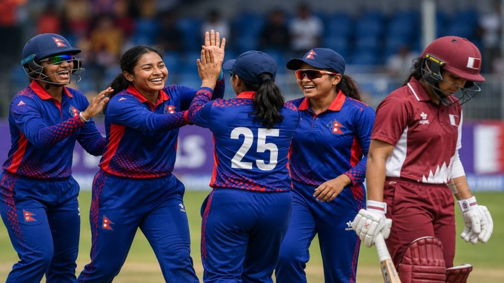 Nepal Women players appealing for a wicket during their T20I match against Qatar Women at Kolej Tuanku Jaafar Cricket Oval.