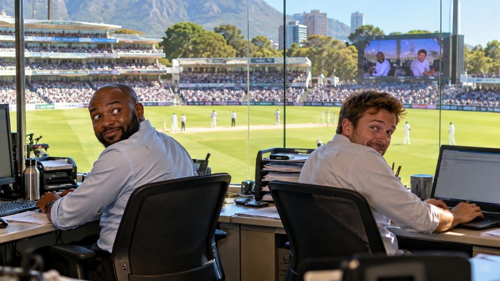 Two office workers caught watching the South Africa vs. Australia Test match from an office overlooking Newlands Cricket Ground.