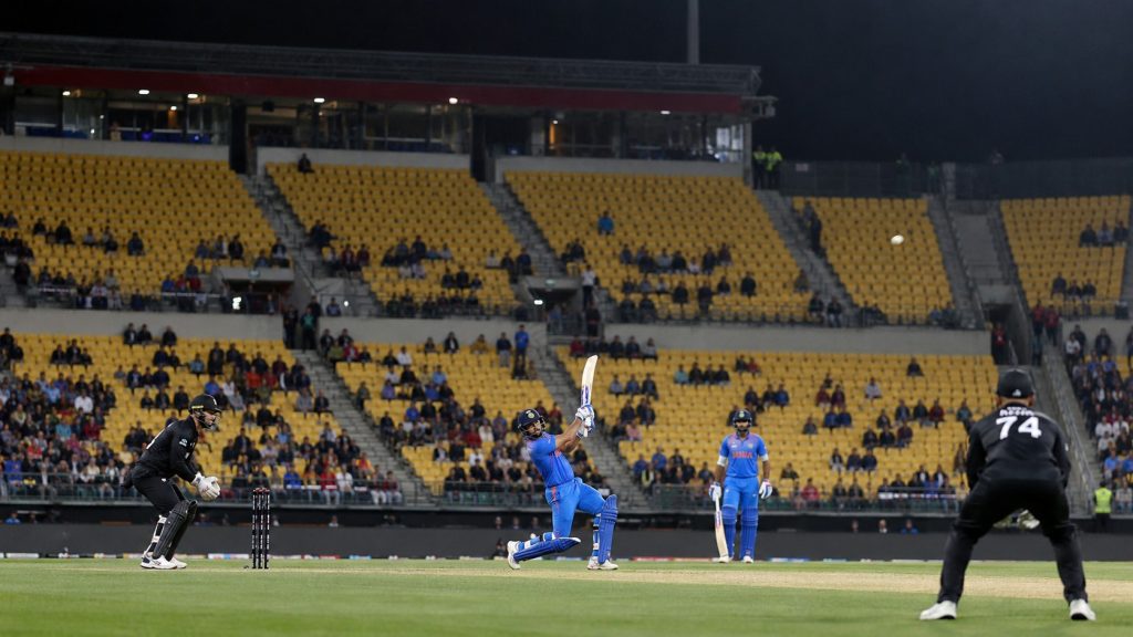 Empty seating sections at Hnry Stadium during the India vs. New Zealand third T20I in Wellington on October 27, 2026.