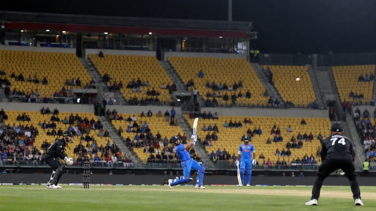 Empty seating sections at Hnry Stadium during the India vs. New Zealand third T20I in Wellington on October 27, 2026.